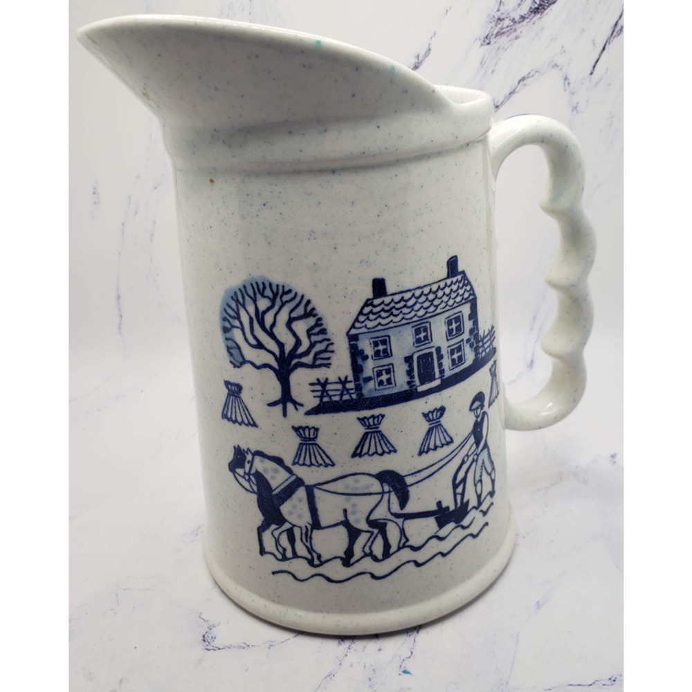 Vintage White Ceramic Plow Scene Speckle Homestead Provincial Poppytrail Pitcher